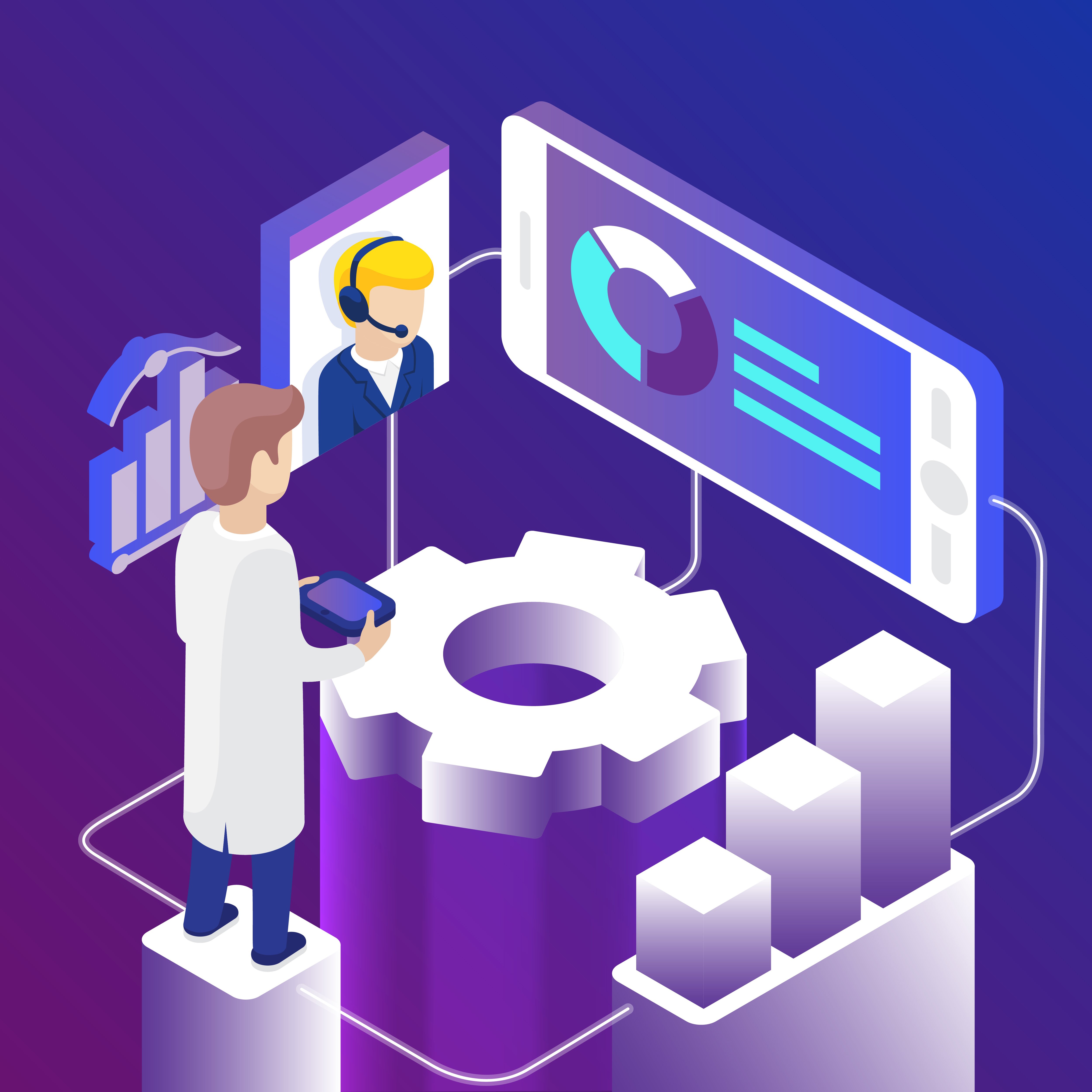 Isometric online technical support. Man with game pad, call center operator, gear and graph on screen. Online help concept. Infographic isometric vector illustration on bright violet background
